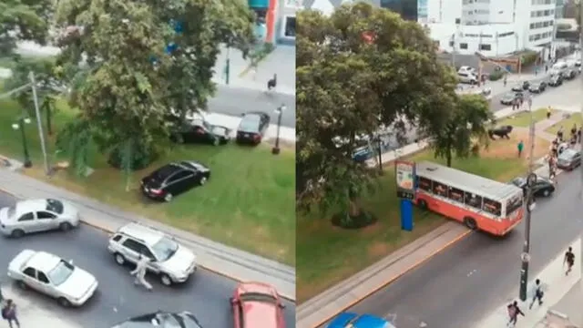 Vehículos cruzan por jardín central tras accidente de tránsito que impedía paso [VIDEO]