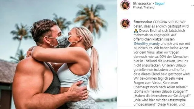 El influencer Fitness Oskar subió una foto besándose con su novia, y aseguró que con esas mascarillas se cuidan del coronavirus. Foto: Captura