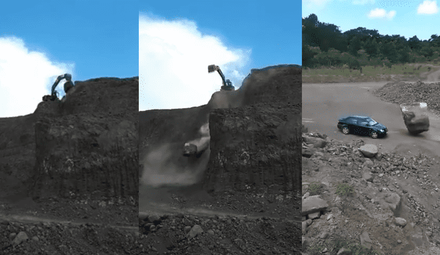 Facebook Viral: Excavadora lanza gigante roca al vacío y un auto paga las ‘consecuencias’