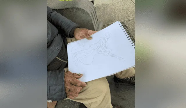 Un anciano sin hogar vende dibujos en la calle para sobrevivir. Foto: Twitter