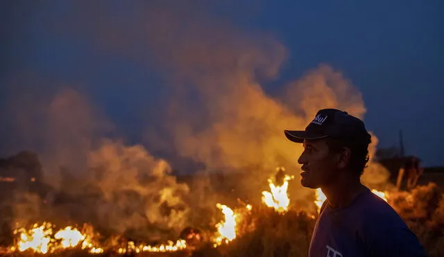 Trabajador mira un incendio al norte del estado de Mato Grosso, al sur de la cuenca del Amazonas en Brasil.