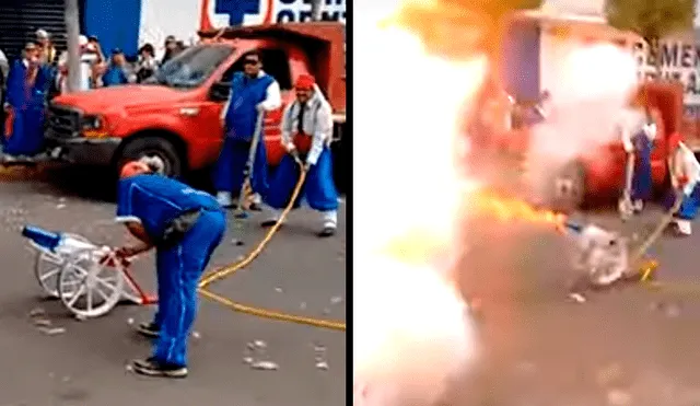 Uno de los fanáticos sufrió las consecuencias de haber prendido el poderoso cañón. Foto: captura