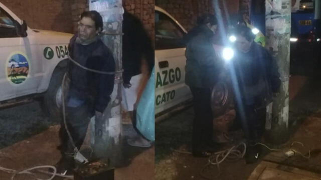 Ladrón de autopartes es atado a un poste por vecinos en Arequipa