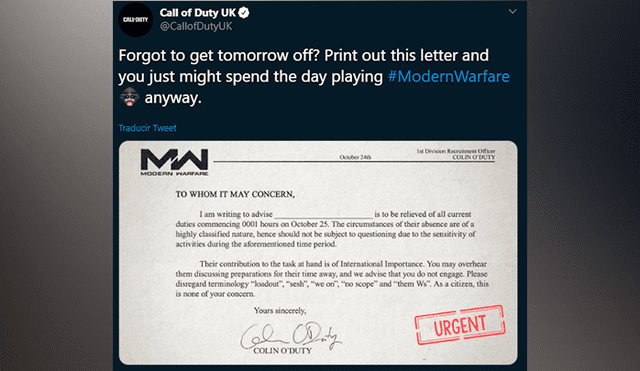 ¿Quieres faltar a donde tengas que ir para quedarte en casa jugando Call of Duty Modern Warfare? Activision tiene la solución.