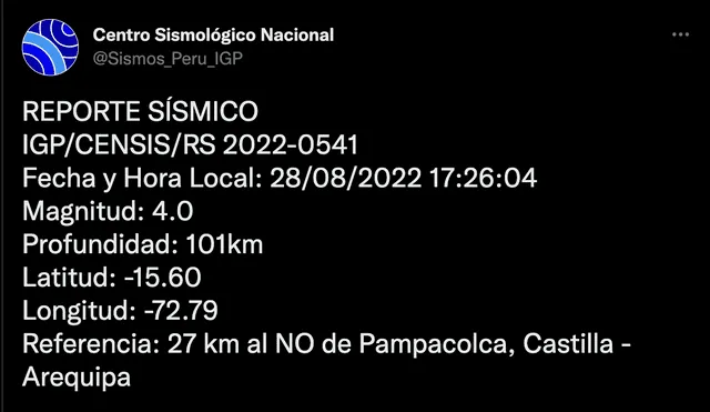 Datos del último sismo en Lima. Foto: captura IGP Twitter