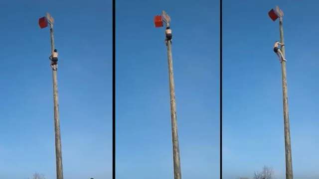 YouTube: caída de hombre de un poste alto en fiesta religiosa preocupa en redes  [VIDEO]