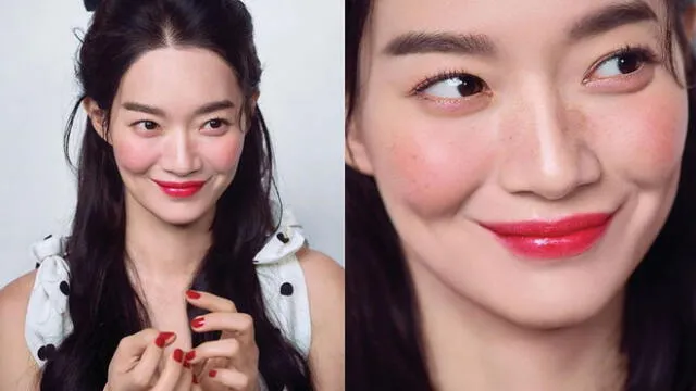 Shin Min Ah maquillada con Base Chanel Le Blanc Lodge Light Drop, rubor Chanel Les Beges  y labial Chanel Rouge Coco Flash 92 Amour.   Cosmopolitan. Mayo, 2020.