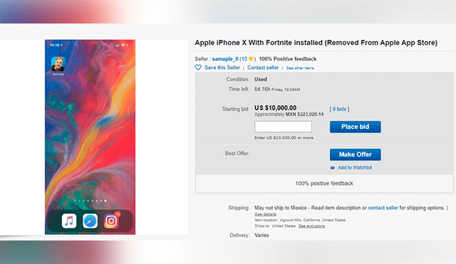 Usuario vende iPhone X con Fortnite instalado en eBay. Foto: eBay.