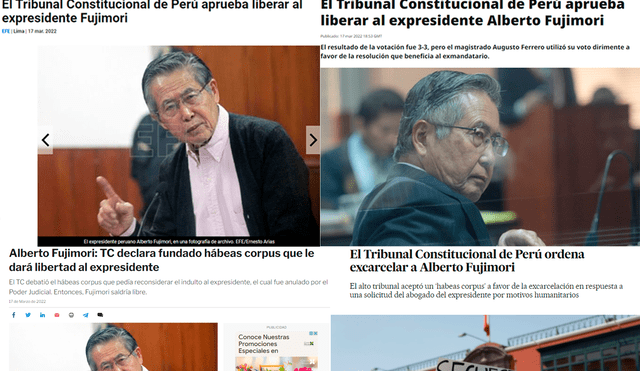 El alto tribunal declaró fundado el recurso interpuesto por el abogado Gregorio Parco Alarcón contra la resolución de la Corte Suprema, que en 2018 dejó sin efecto el indulto otorgado al expresidente Fujimori el 24 de diciembre de 2017 por Pedro Pablo Kuczynski. Foto: composición / EFE / Infobae / RT / El País