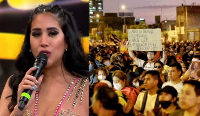 Melissa Paredes se refirió al difícil momento que está atravesando el Perú respecto a las manifestaciones contra el Gobierno de Dina Boluarte. Foto: composición LR/Captura América Televisión/La República