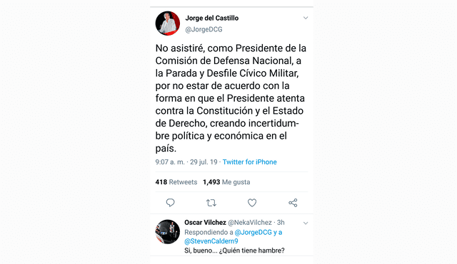 Óscar Vílchez le responde al congresista aprista Jorge del Castillo tras publicar tweet donde justificaba su ausencia a la Parada Militar 2019.