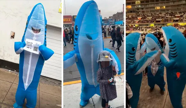 Ni bien hizo su cola para ingresar al Estadio Nacional, él llamó la atención de los asistentes y se unió a otros tiburones. Foto: composición LR/TikTok/@mereyafg