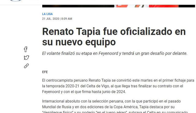 Renato Tapia: reacción de los medios a su llegada a Celta de Vigo. Foto: Fox Sports