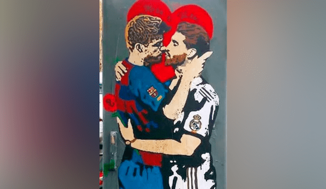 Graffiti del beso entre Gerard Piqué y Sergio Ramos pintado a horas del Barcelona - Real Madrid. Foto: Difusión