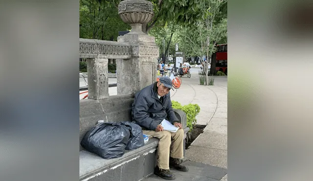 Un anciano sin hogar vende dibujos en la calle para sobrevivir. Foto: Twitter