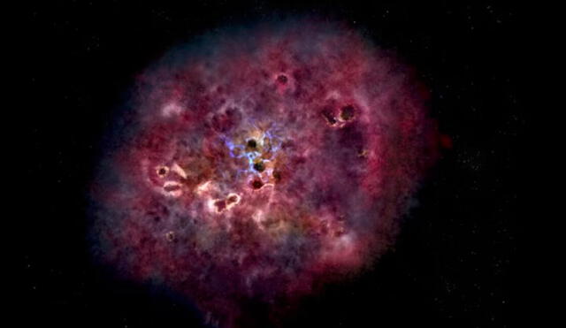 La galaxia ultramasiva XMM-2599. Crédito: NRAO/NSF/NASA/ESA.