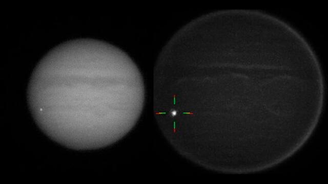 El destello se ve en el extremo izquierdo de la imagen, justo debajo del ecuador de Júpiter. Fotos: Twitter/@ChappelAstro.