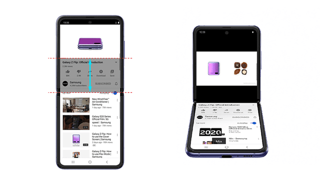 YouTube aprovecha el sistema plegable del Galaxy Z Flip con la pantalla dividida.