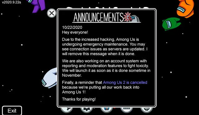 InnerSloth lanza comunicado anunciando el mantenimiento de Among Us, por ataque de hackers. Foto: InnerSloth