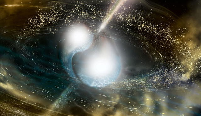 Representación del choque de estrella de neutrones, fuente del oro en el universo. Imagen: NSF
