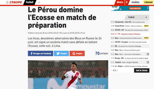 "L'Équipe" advierte a Francia sobre victoria de Perú ante Escocia