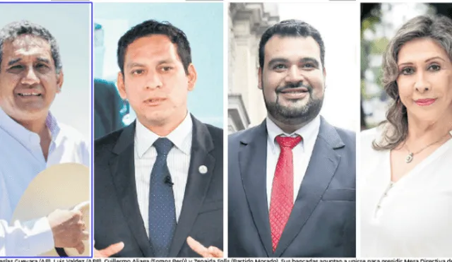En bloque. Mesías Guevara (AP), Luis Valdez (APP), Guillermo Aliaga (Somos Perú) y Zenaida Solís (Partido Morado). Sus bancadas apuntan a unirse para presidir Mesa Directiva del Congreso.