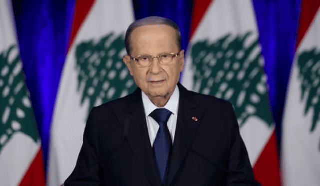 Michel Aoun, mandatario del Líbano, durante el discurso televisado en el palacio presidencial en Baabda. Foto: AFP