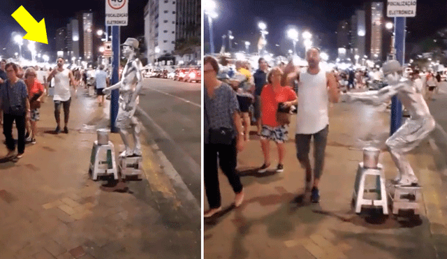Facebook viral: estatua humana asusta a joven distraído con su celular y este tiene divertida reacción [VIDEO]