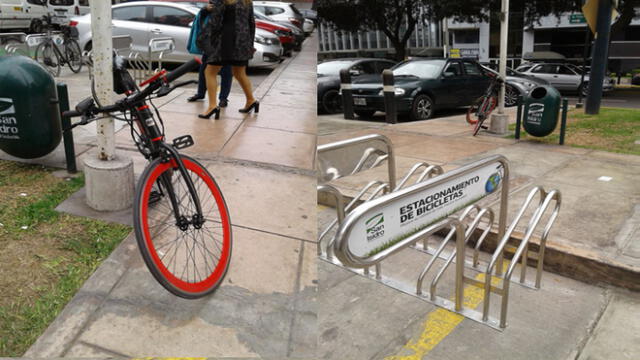 San Isidro: bicicleta es amarrada en poste a pesar de estacionamiento especial
