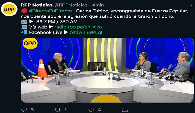 En Facebook, el excongresista Carlos Tubino se animó a posar con un cono de tránsito, luego de su incidente. Foto: RPP