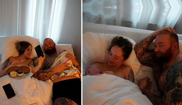 El actor de 'Game of Thrones' Hafthor Bjornsson y su esposa Kelsey después del parto. Crédito: Instagram