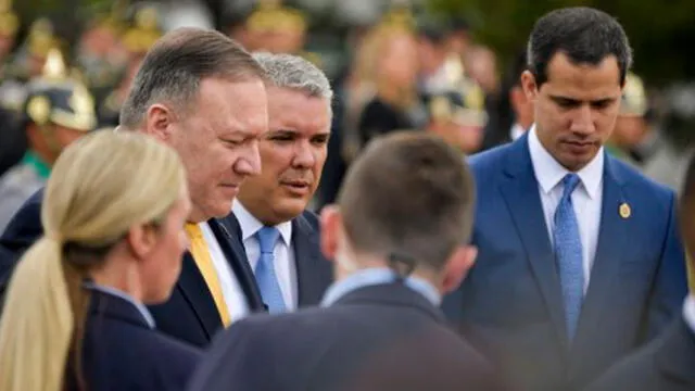 Llegada del Secretario de Estados de los Estados Unidos, Mike Pompeo, junto al presidente de Colombia, Iván Duque y el presodente del Parlamento de Venezuela, Juan Guaidó. Foto: AFP.