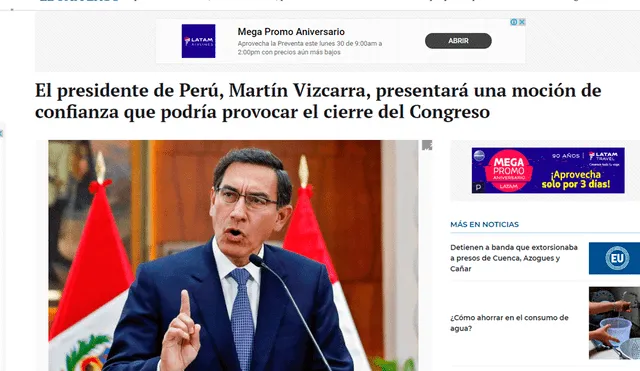 Martín Vizcarra anunció cuestión de confianza: así informaron los medios extranjeros