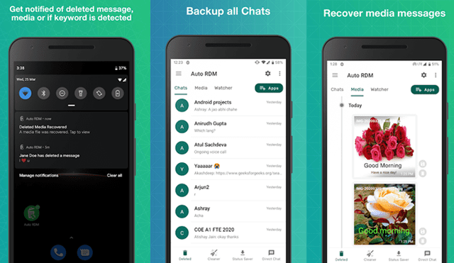 Aplicación Auto RDM para recuperar mensajes borrados de WhatsApp.