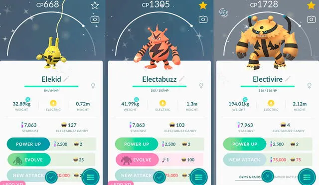 Elekid, Electabuzz y Electivire en sus variantes shiny dentro de Pokémon GO. Foto composición: La República