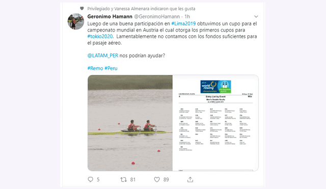 Lima 2019: Gerónimo Hamann pide apoyo a aerolínea para viajar a Europa a campeonato mundial y poder clasificar a Tokio 2020. Foto: Twitter Gerónimo Hamann.