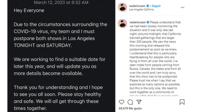 EL solista publicó en su cuenta de Instagram un segundo comunicado aclarando los motivos específicos de la cancelación.