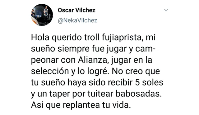 Un usuario de Twitter envió un fuerte mensaje al futbolista Óscar Vílchez y este no dudó en responderle.