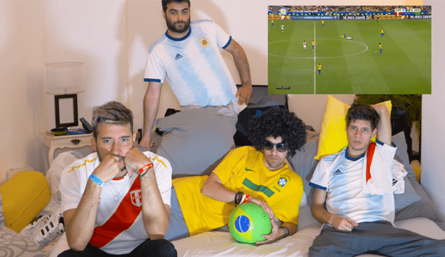 El grupo de jóvenes argentinos, conocidos como 'Los Displicentes' tuvieron una emotiva reacción al partido de Perú contra Brasil.
