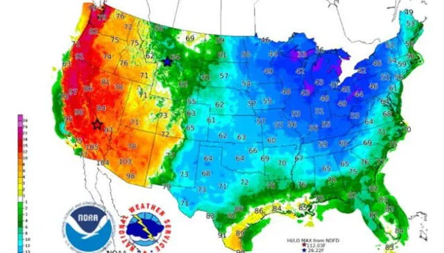 El vórtice polar sumirá al este del país en temperaturas muy frías (azul), mientras que el oeste atravesará una ola de calor (rojo). Fuente: NWS.