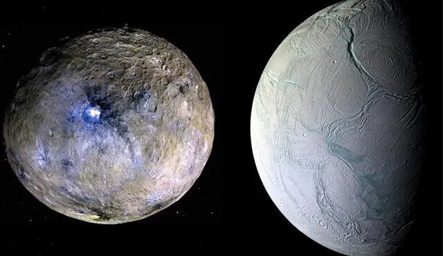 El planeta enano Ceres (izquierda) y el satélite Encélado (derecha). Ambos presentan componentes básicos para la vida. Fotos: NASA.