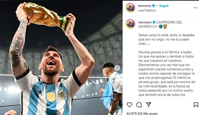 La publicación de Lionel Messi alzando la copa ha hecho historia. Foto: Instagram