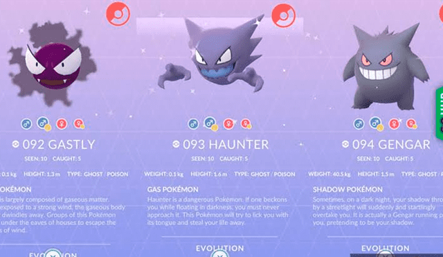 Así luce Gastly, Haunter y Gengar shiny en el videojuego. Foto: Pokémon GO HUB.