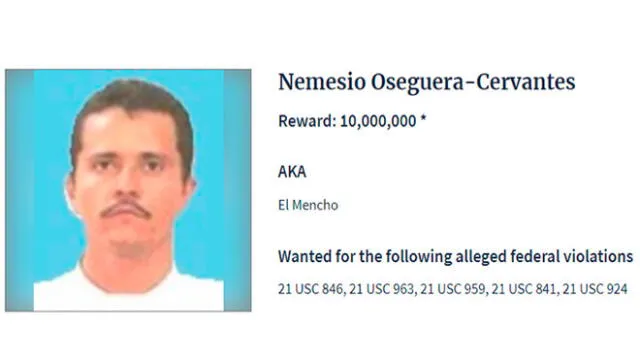 La Administración para el Control de Drogas de los Estados Unidos ofrece 10 millones de dólares por la captura de 'El Mencho'. (Foto: Captura Página web DEA)