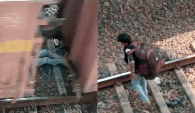 Joven utiliza audaz truco para no ser atropellado por un tren en movimiento