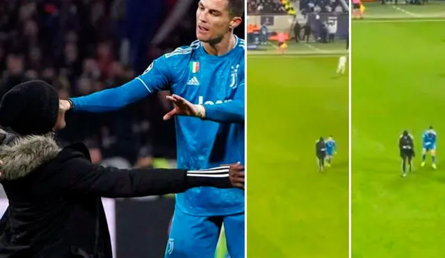 Cristiano Ronaldo empujó a una fanática que ingresó al campo. Foto: Twitter