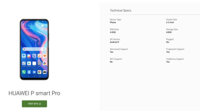 La página web de Android acaba de filtrar las características del Huawei P Smart Pro.