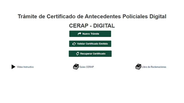 CERAP digital: plataforma en línea para tramitar el Certificado de Antecedentes Policiales. Foto: captura web PNP.