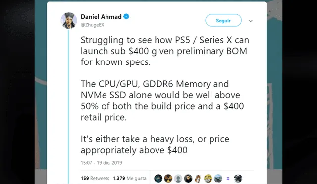 El analista Daniel Ahmed dejó en claro que solo las especificaciones de PS5 ya reveladas ya abarcarían más del 50% del costo de 400 USD.