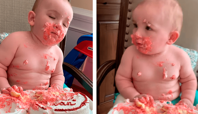 YouTube: Bebé devoró su torta de cumpleaños en segundos y luego se quedó dormido